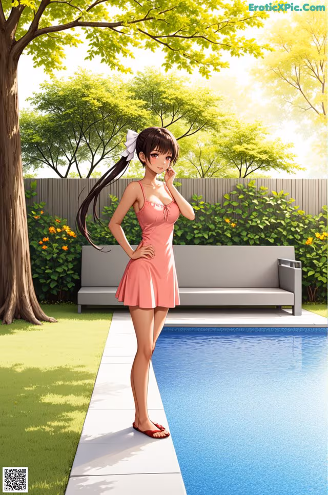 A woman in a pink dress standing next to a swimming pool.