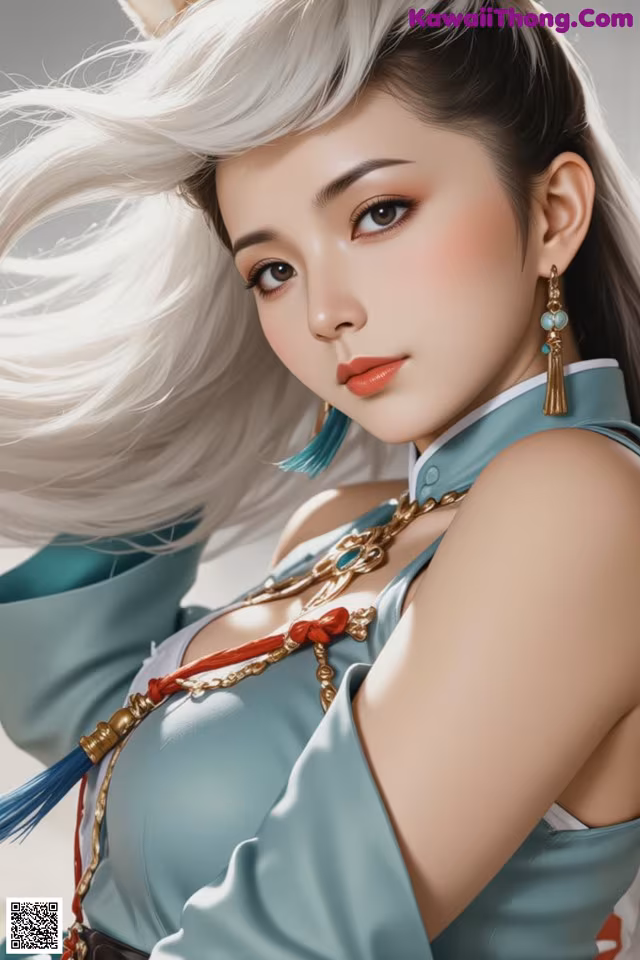 A woman with long white hair wearing a blue dress.