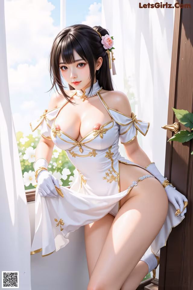 A woman in a white and gold outfit posing by a window.