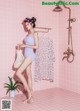 A woman in a purple bathing suit standing in a pink bathroom.