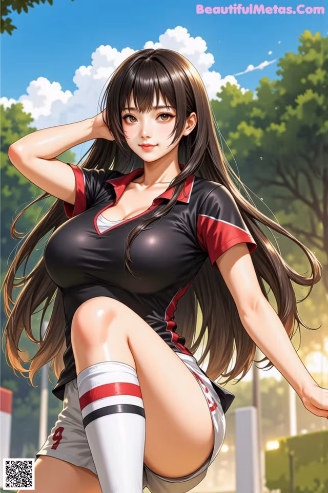 A woman in a black and red shirt and white shorts.