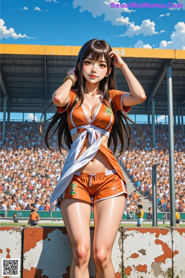 A woman in an orange and white outfit standing in front of a crowd.
