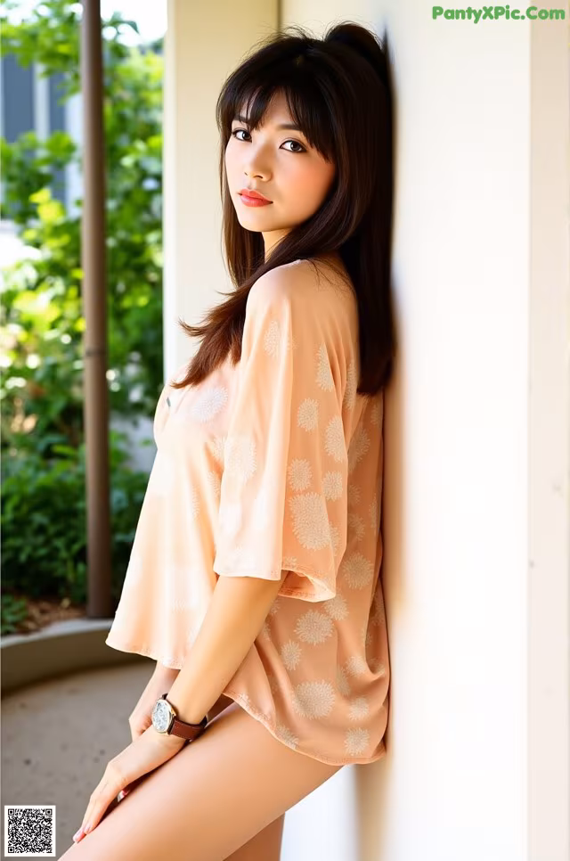 A woman leaning against a wall with her legs crossed.