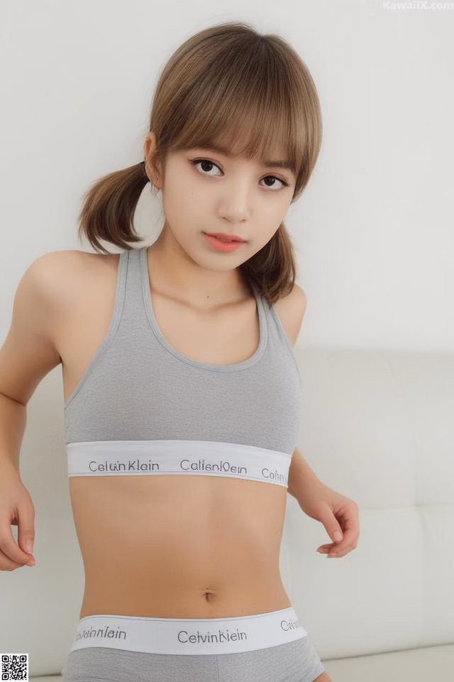 A young woman wearing a gray and white bra top and panties.