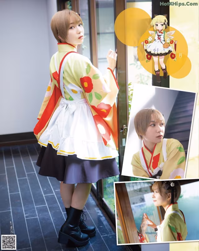 A woman in a kimono standing in front of a window.