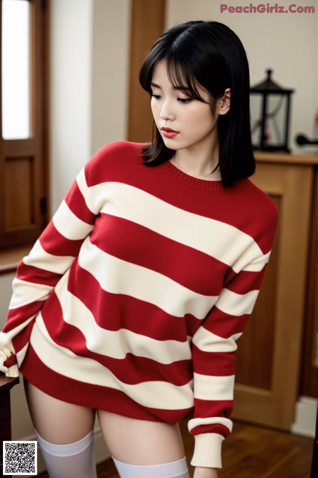 A woman in a red and white striped sweater and white stockings.